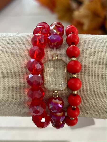 Set of Three Stretch Bracelets - Red