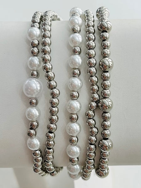 Beaded Pearl Stretch Bracelet Set - Silver