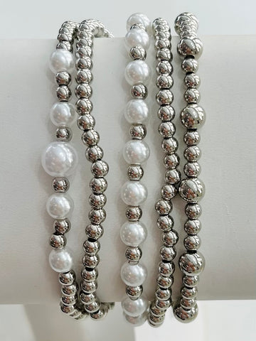 Beaded Pearl Stretch Bracelet Set - Silver