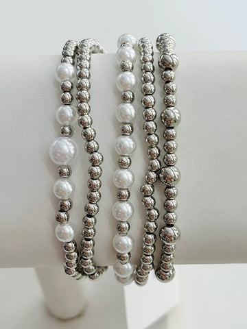 Beaded Pearl Stretch Bracelet Set - Silver