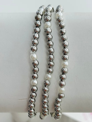 Set of Three Pearl Beaded Stretch Bracelets - Silver