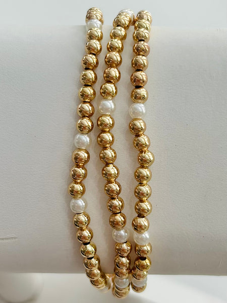 Set of Three Pearl Beaded Stretch Bracelets - Gold
