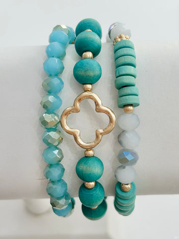 Set of Three Clover Beaded Stretch Bracelets - Blue