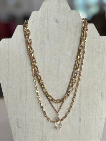 Set of Three Chunky Chain Link Necklaces Featuring Crystal Pendant