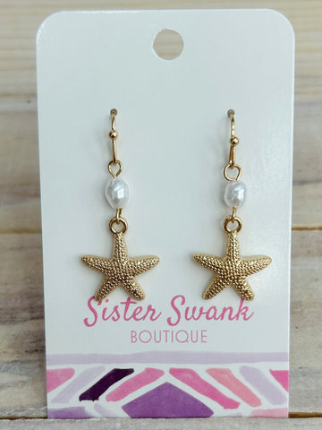Starfish Drop Earrings with Pearl Accent - Gold