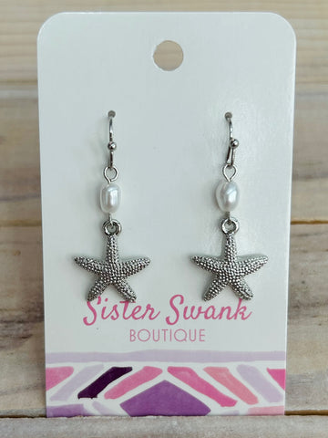 Starfish Drop Earrings with Pearl Accent - Silver