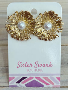Large Metal Flower Post Earrings - Gold