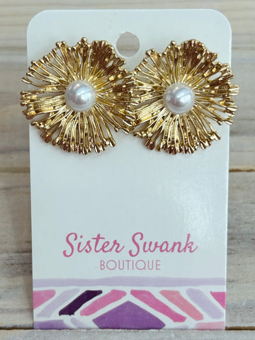 Large Metal Flower Post Earrings - Gold