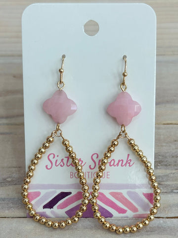Clover Beaded Teardrop Dangle Earrings - Pink