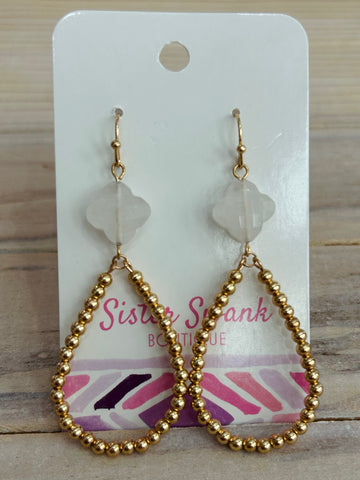 Clover Beaded Teardrop Dangle Earrings - White