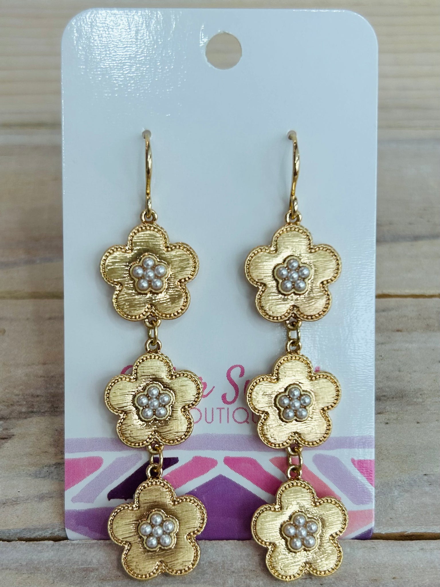 Linked Metal Flowers Dangle Earrings - Gold