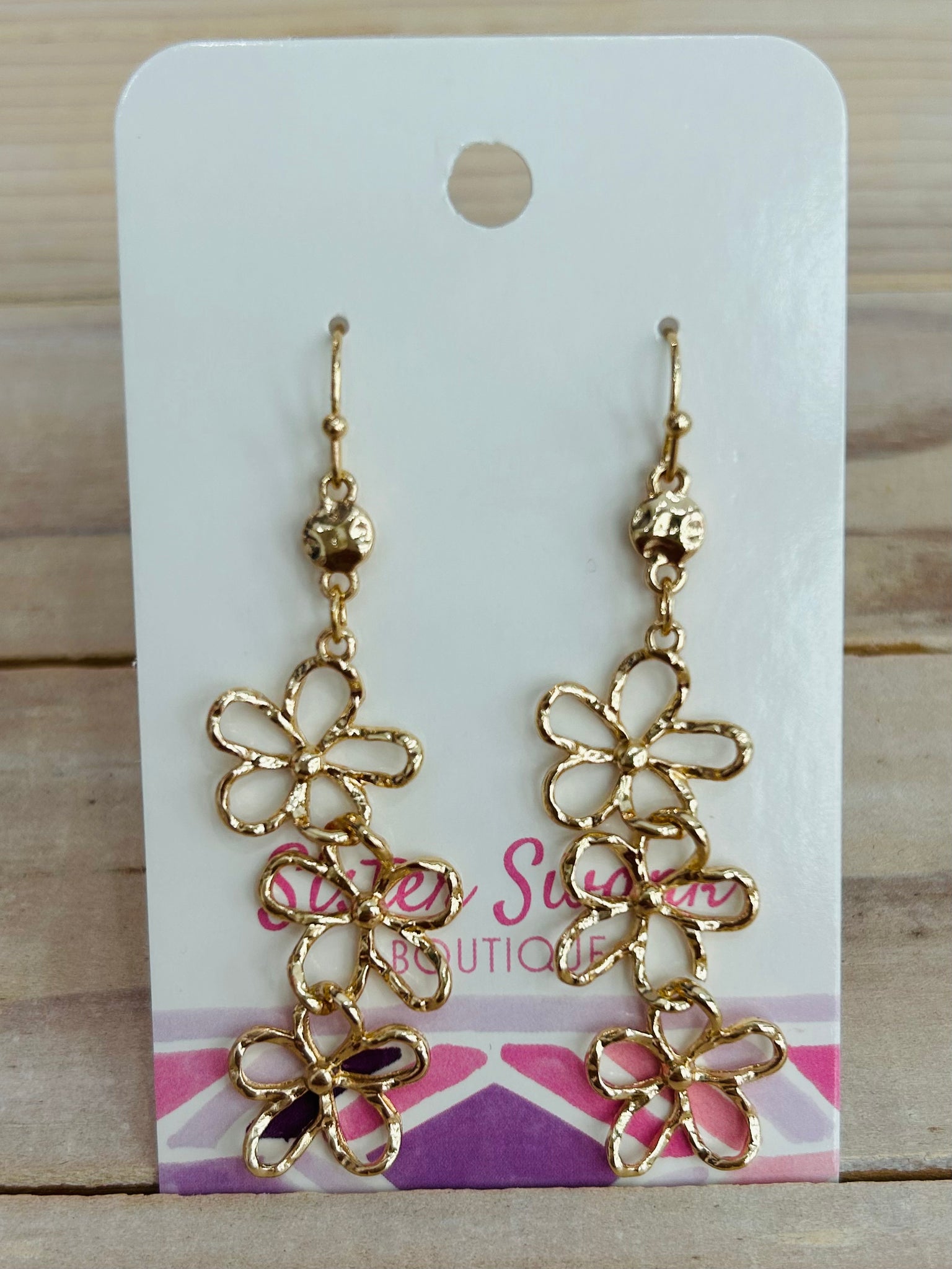 Linked Hollow Flower Dangle Earrings - Gold