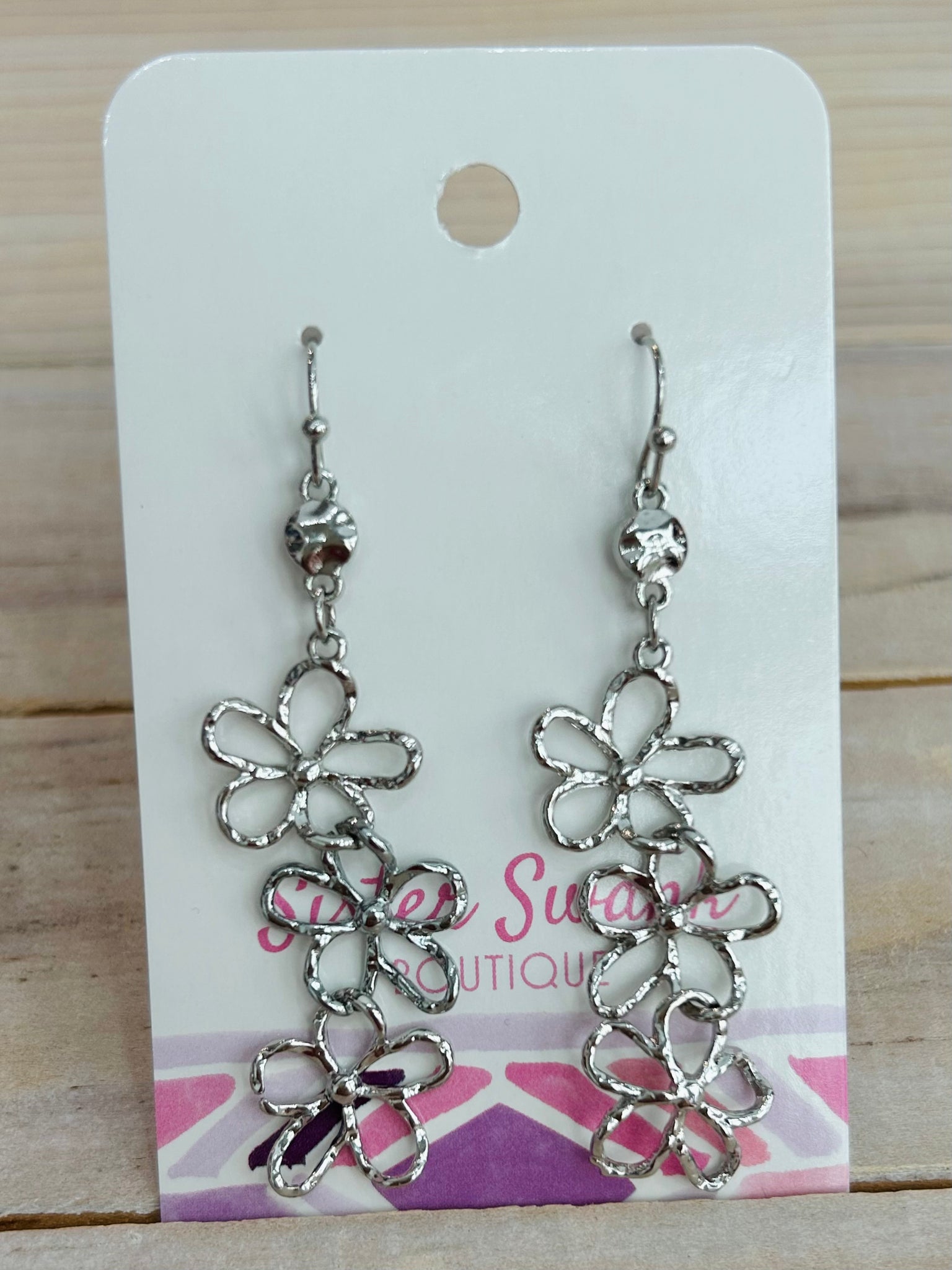 Linked Hollow Flower Dangle Earrings - Silver