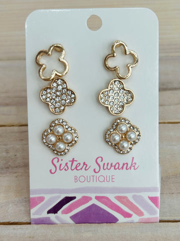 Set of Three Clover Stud Earrings - Gold