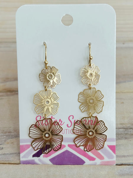Long Linked Metal Flower Dangle Earrings - Gold