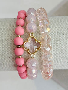 Clover Beaded Stretch Bracelet Set - Light Pink