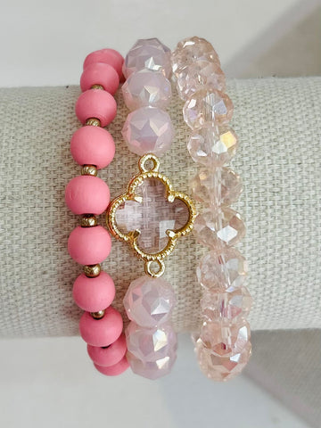 Clover Beaded Stretch Bracelet Set - Light Pink