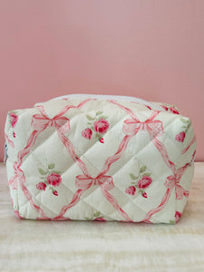 Quilted Flower & Bow Print Makeup Pouch - Pink