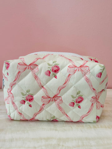 Quilted Flower & Bow Print Makeup Pouch - Pink