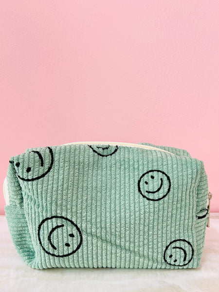 Happy Face Corduroy Makeup Pouch - Green