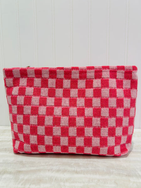 Knit Checkered Makeup Pouch XL - Pink