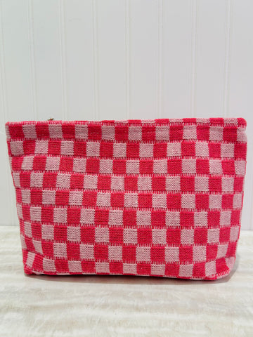 Knit Checkered Makeup Pouch XL - Pink