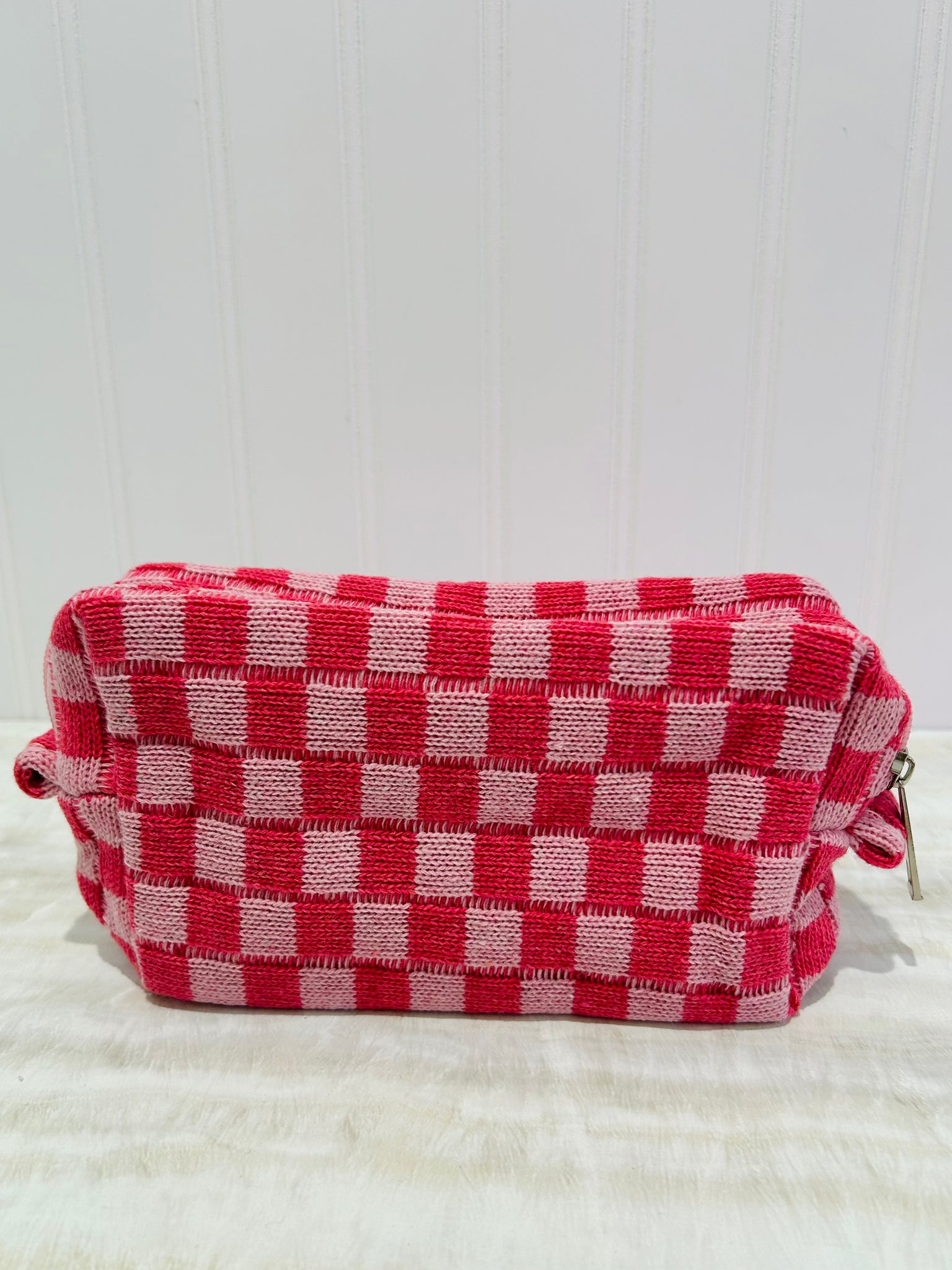 Knit Checkered Makeup Pouch - Pink