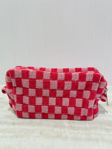 Knit Checkered Makeup Pouch - Pink
