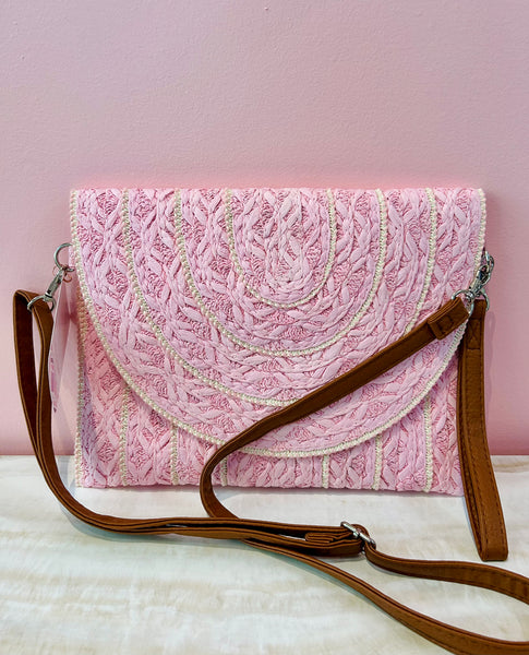 Woven Straw Clutch Purse - Pink