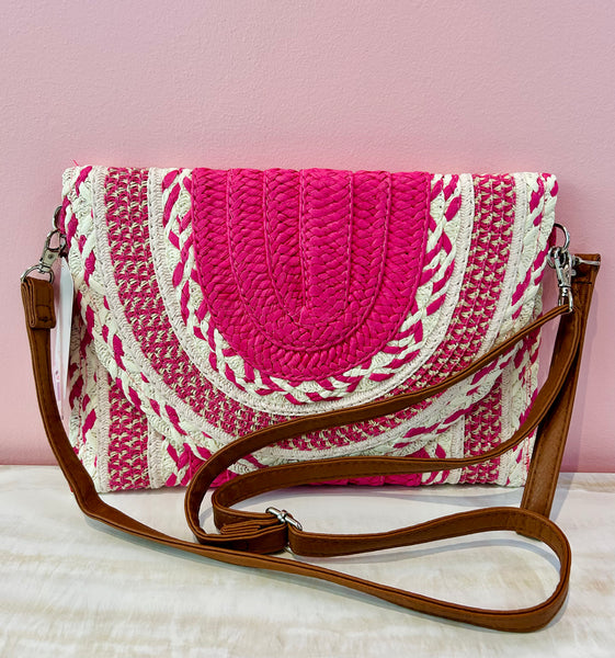 Woven Straw Clutch Purse - Hot Pink