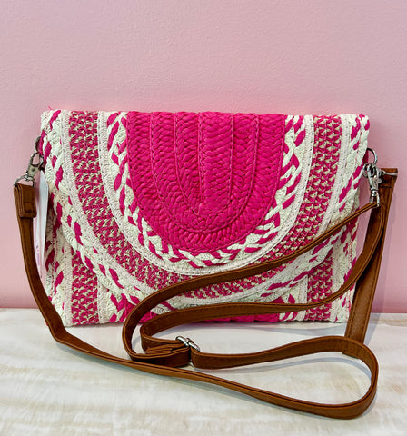 Woven Straw Clutch Purse - Hot Pink