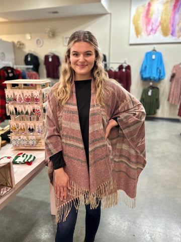 Soft Knit Aztec Print Kimono Ruana With Fringe Tassel