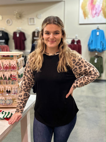 Leopard Raglan Sleeve Top - Black