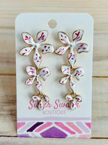 Linked Enamel Flower Earrings - White & Pink