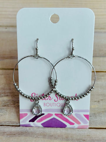Beaded Hoop Earrings with Teardrop Crystal - Silver