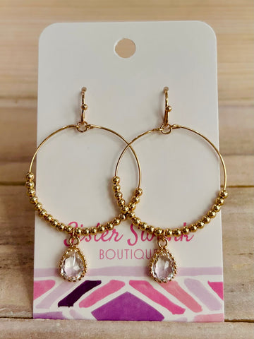 Beaded Hoop Earrings with Teardrop Crystal - Gold