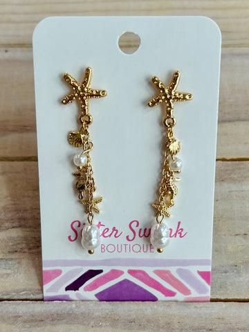 Beach Charm Drop Earrings with Pearls