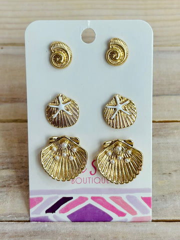 Set of Three Shell Stud Earrings - Gold