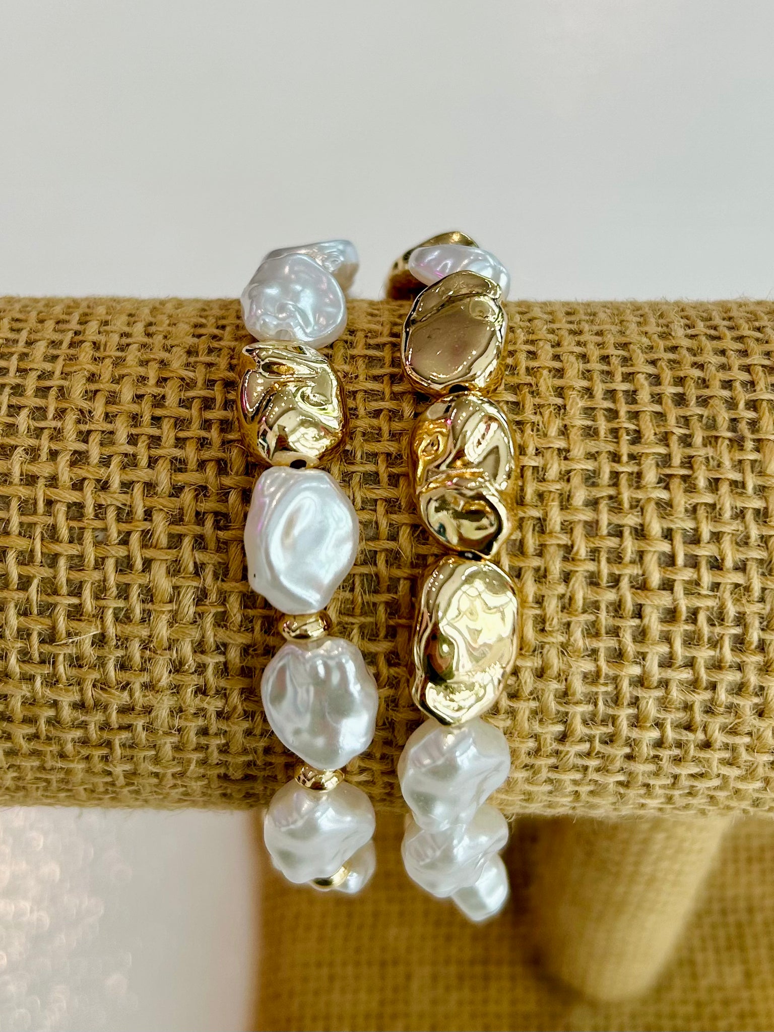 Set of Two Baroque Pearl Stretch Bracelets - Gold