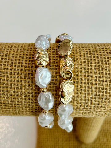 Set of Two Baroque Pearl Stretch Bracelets - Gold
