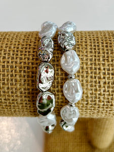 Set of Two Baroque Pearl Stretch Bracelets - Silver
