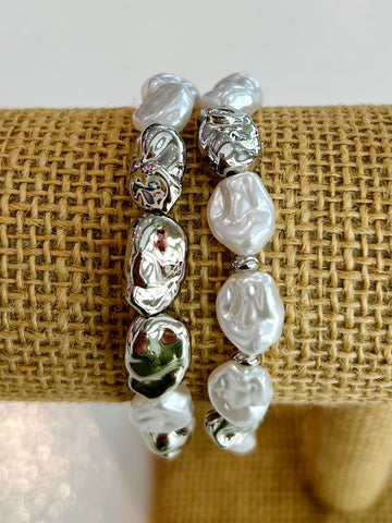 Set of Two Baroque Pearl Stretch Bracelets - Silver