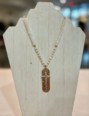 Beaded Necklace with Hammered Metal Cross Pendant