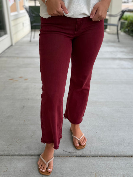 Acid Washed Bootcut Pants - Burgundy