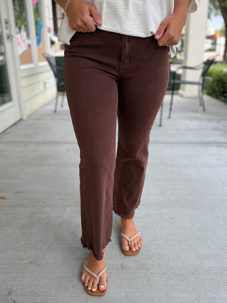 Acid Washed Bootcut Pants - Brown