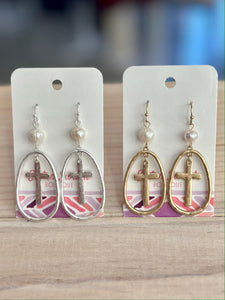 Cross Nested Pearl Drop Earrings