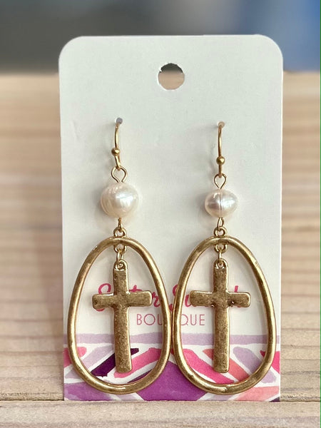 Cross Nested Pearl Drop Earrings