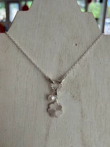 Hoop Pendant Necklace with Pearl & Flower - Silver