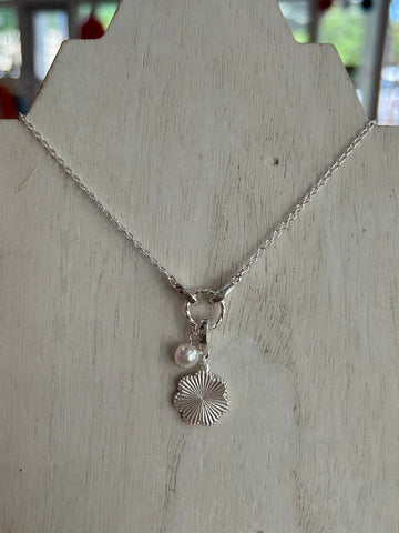 Hoop Pendant Necklace with Pearl & Flower - Silver