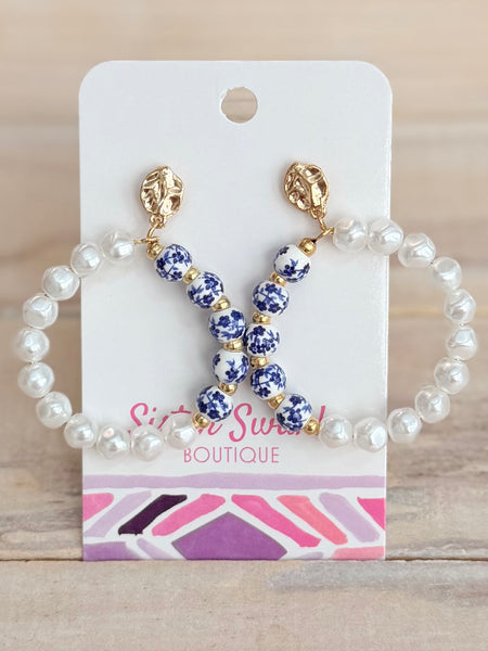 Pearls & Porcelain Hoops - Blue
